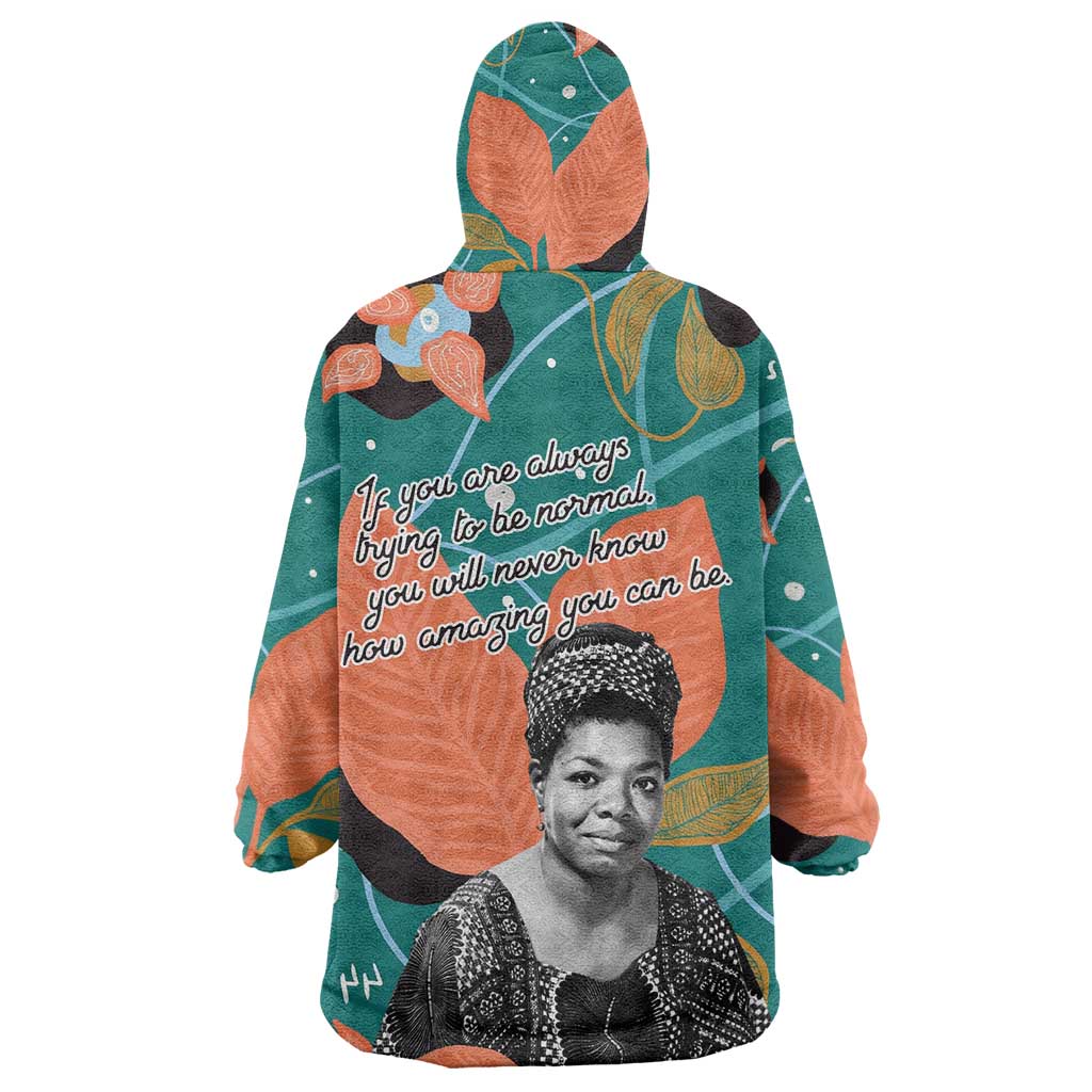 Maya Angelou Kid Wearable Blanket Hoodie Inspirational Quote Design Vibrant Teal and Orange Leaf Motif - Wonder Print Shop