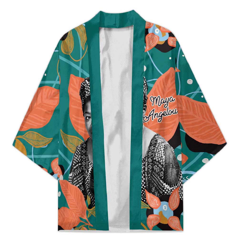Maya Angelou Kimono Inspirational Quote Design Vibrant Teal and Orange Leaf Motif - Wonder Print Shop