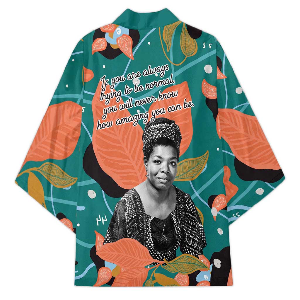 Maya Angelou Kimono Inspirational Quote Design Vibrant Teal and Orange Leaf Motif - Wonder Print Shop