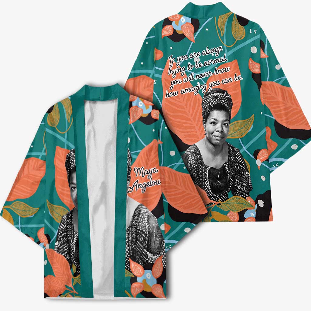 Maya Angelou Kimono Inspirational Quote Design Vibrant Teal and Orange Leaf Motif - Wonder Print Shop