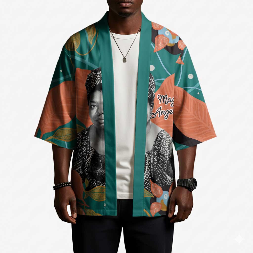 Maya Angelou Kimono Inspirational Quote Design Vibrant Teal and Orange Leaf Motif - Wonder Print Shop