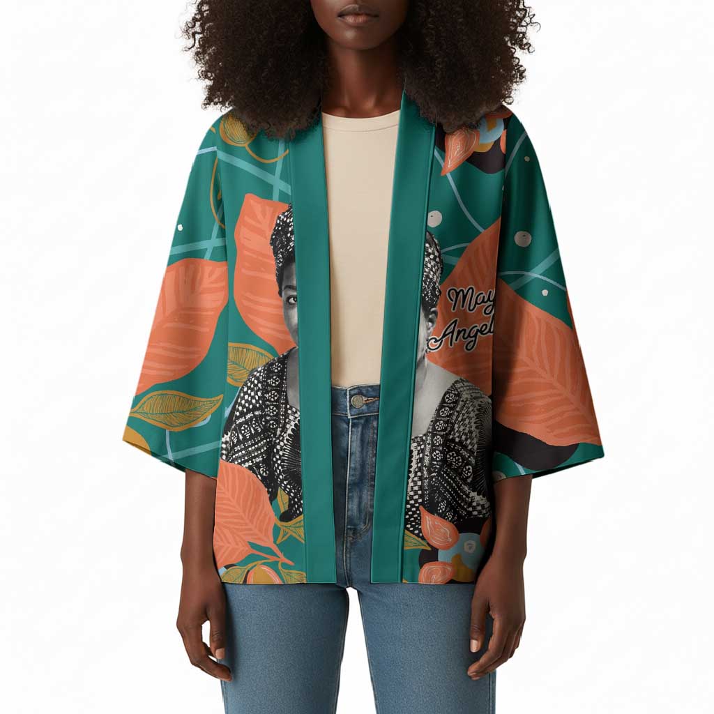 Maya Angelou Kimono Inspirational Quote Design Vibrant Teal and Orange Leaf Motif - Wonder Print Shop