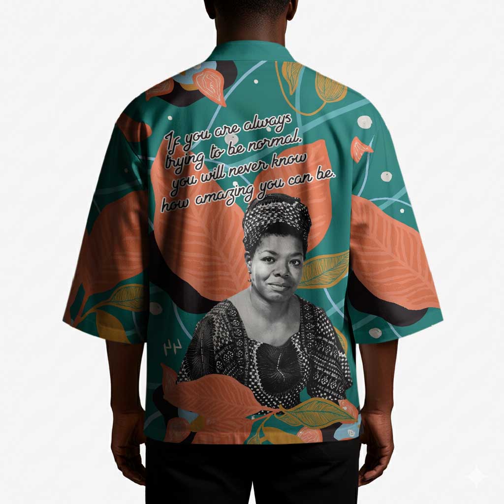 Maya Angelou Kimono Inspirational Quote Design Vibrant Teal and Orange Leaf Motif - Wonder Print Shop