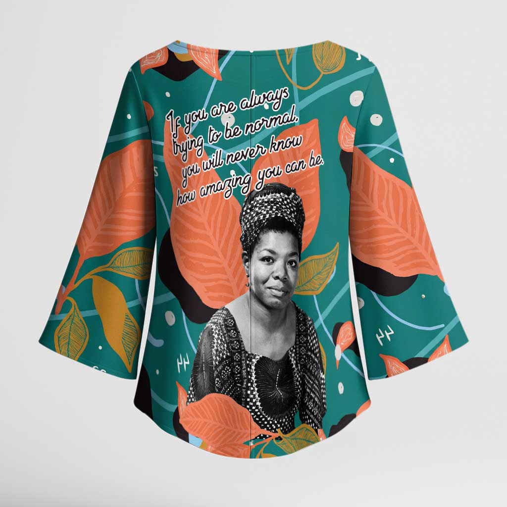 Maya Angelou Kimono Sleeve Blouse Inspirational Quote Design Vibrant Teal and Orange Leaf Motif - Wonder Print Shop