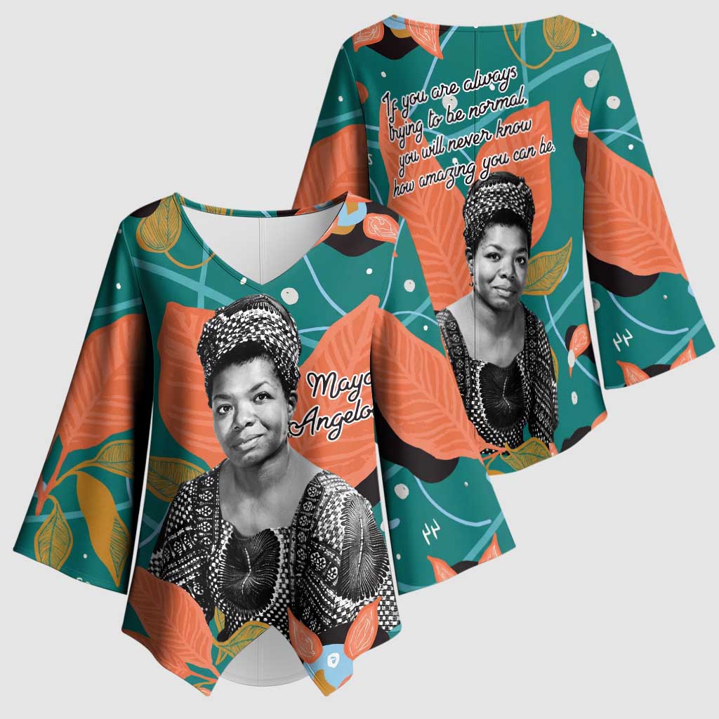 Maya Angelou Kimono Sleeve Blouse Inspirational Quote Design Vibrant Teal and Orange Leaf Motif - Wonder Print Shop