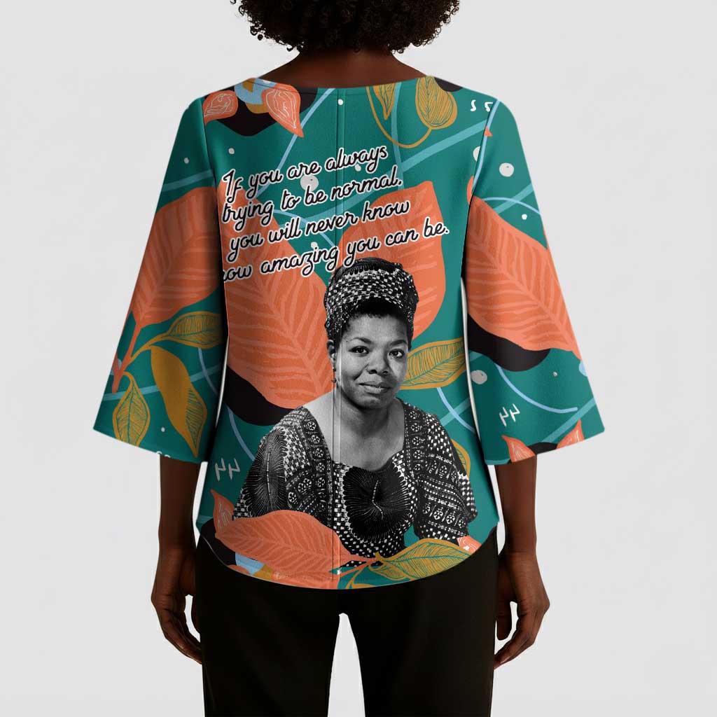 Maya Angelou Kimono Sleeve Blouse Inspirational Quote Design Vibrant Teal and Orange Leaf Motif - Wonder Print Shop
