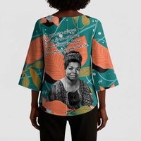 Maya Angelou Kimono Sleeve Blouse Inspirational Quote Design Vibrant Teal and Orange Leaf Motif - Wonder Print Shop
