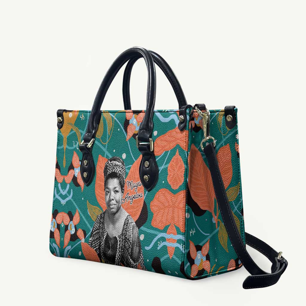 Maya Angelou Leather Bag Inspirational Quote Design Vibrant Teal and Orange Leaf Motif - Wonder Print Shop