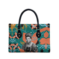 Maya Angelou Leather Bag Inspirational Quote Design Vibrant Teal and Orange Leaf Motif - Wonder Print Shop