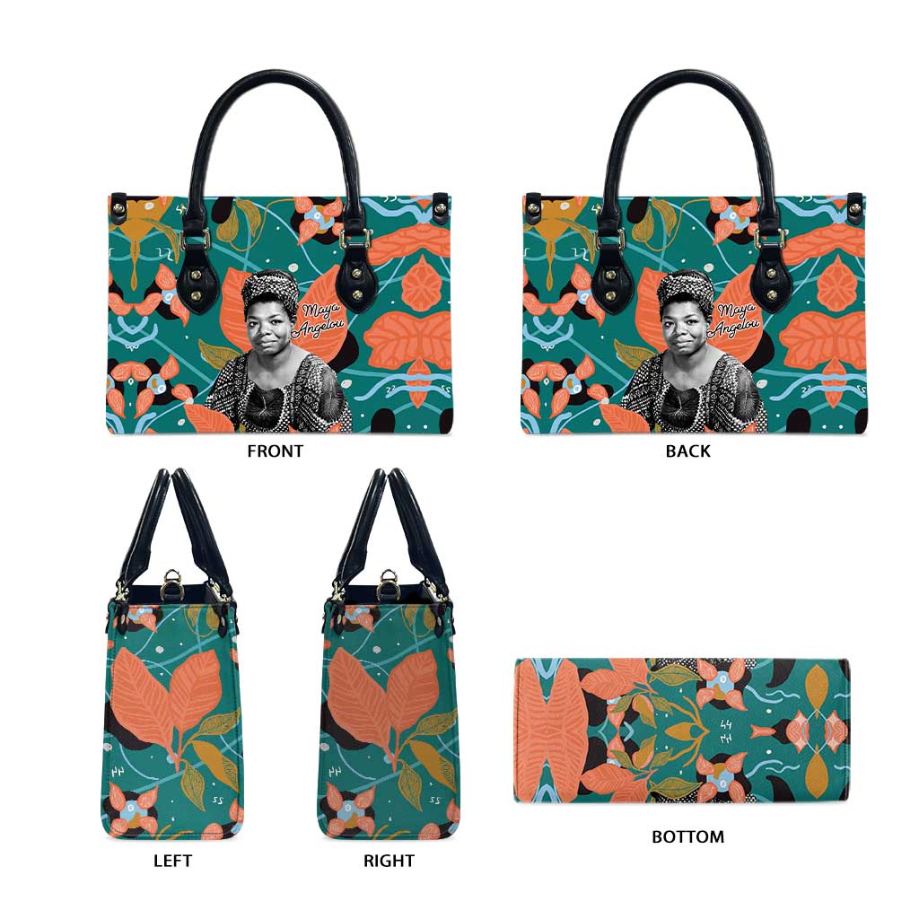 Maya Angelou Leather Bag Inspirational Quote Design Vibrant Teal and Orange Leaf Motif - Wonder Print Shop