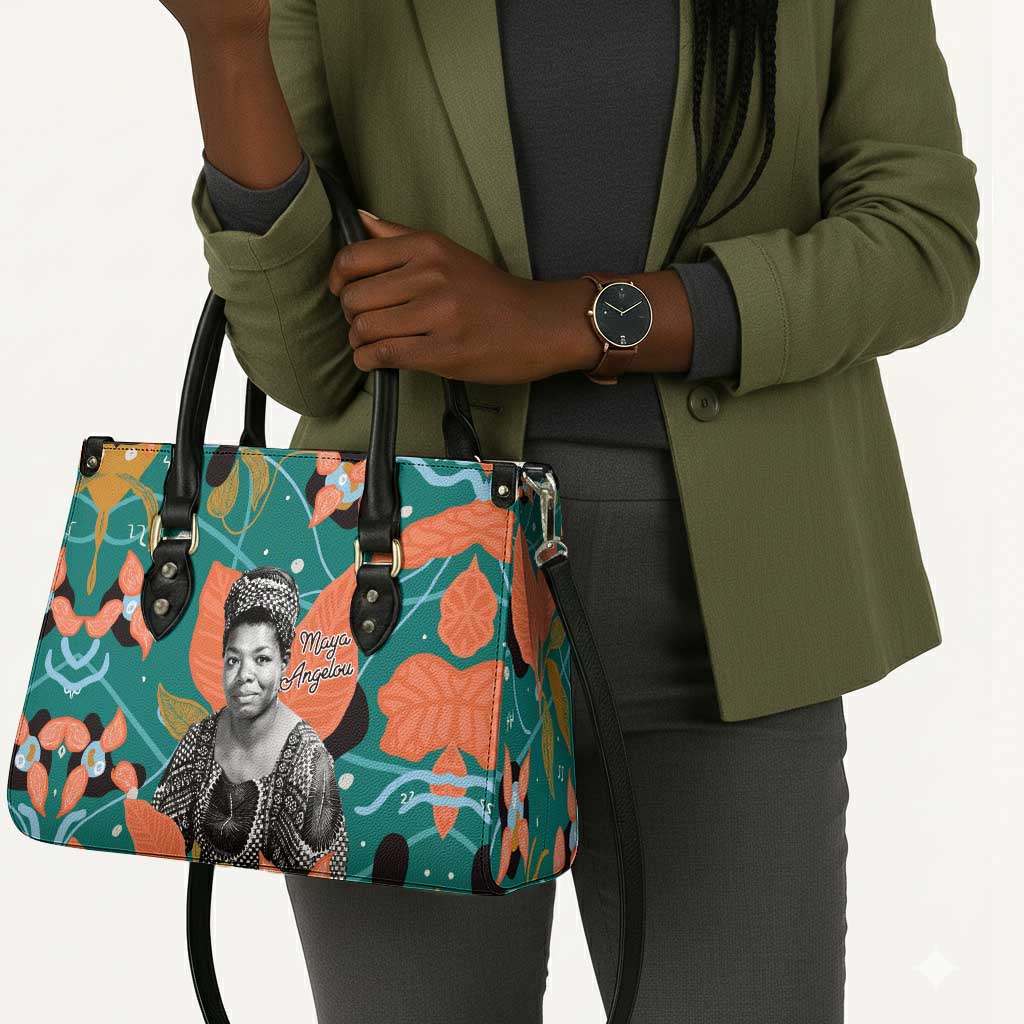 Maya Angelou Leather Bag Inspirational Quote Design Vibrant Teal and Orange Leaf Motif - Wonder Print Shop