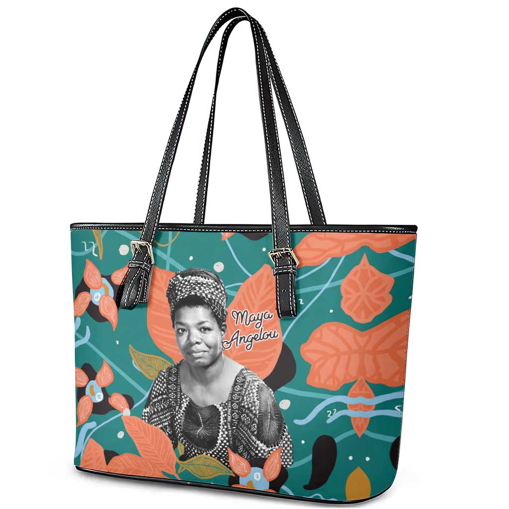 Maya Angelou Leather Tote Bag Inspirational Quote Design Vibrant Teal and Orange Leaf Motif - Wonder Print Shop