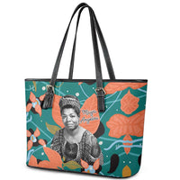 Maya Angelou Leather Tote Bag Inspirational Quote Design Vibrant Teal and Orange Leaf Motif - Wonder Print Shop