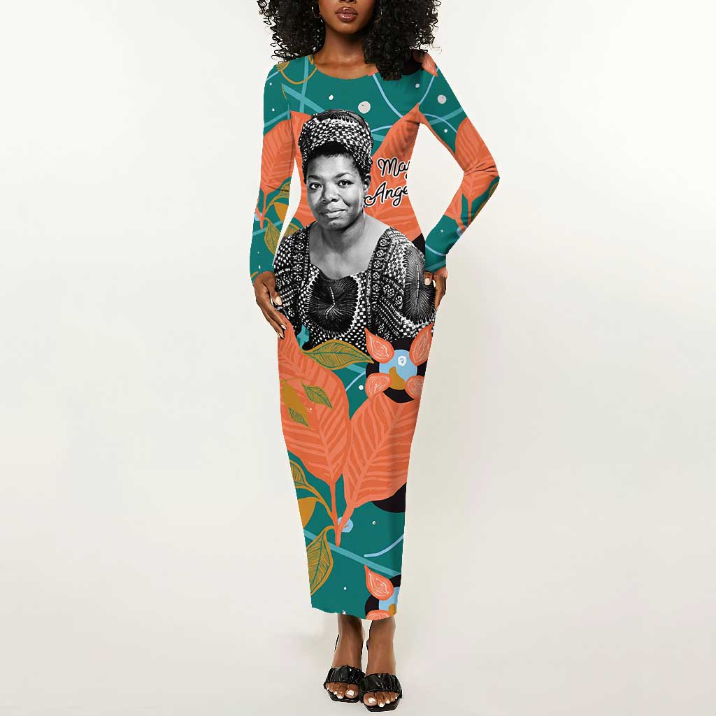 Maya Angelou Long Sleeve Bodycon Dress Inspirational Quote Design Vibrant Teal and Orange Leaf Motif - Wonder Print Shop