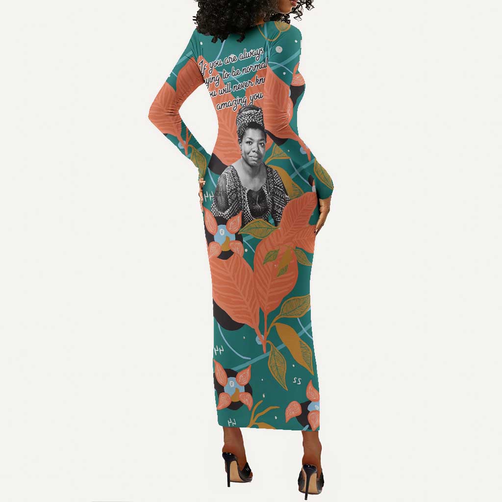 Maya Angelou Long Sleeve Bodycon Dress Inspirational Quote Design Vibrant Teal and Orange Leaf Motif - Wonder Print Shop