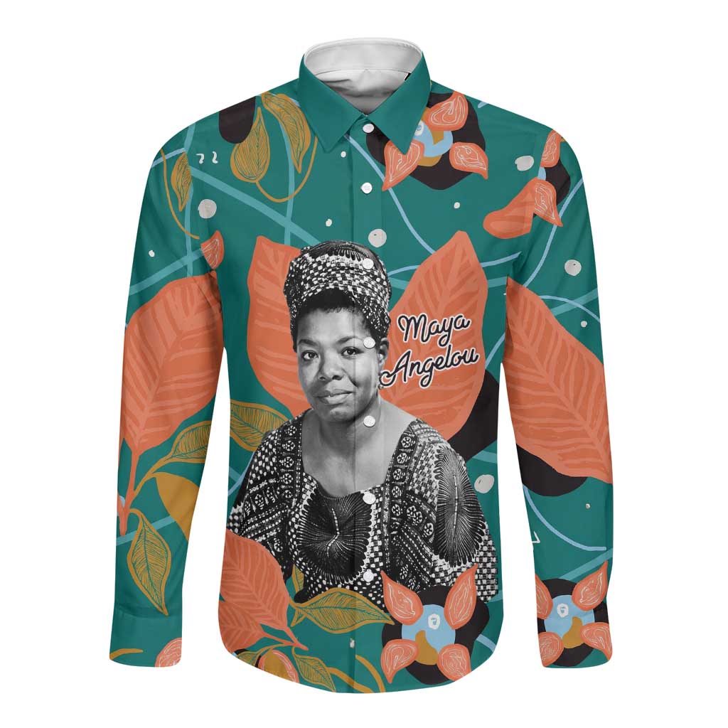 Maya Angelou Long Sleeve Button Shirt Inspirational Quote Design Vibrant Teal and Orange Leaf Motif - Wonder Print Shop