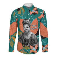 Maya Angelou Long Sleeve Button Shirt Inspirational Quote Design Vibrant Teal and Orange Leaf Motif - Wonder Print Shop