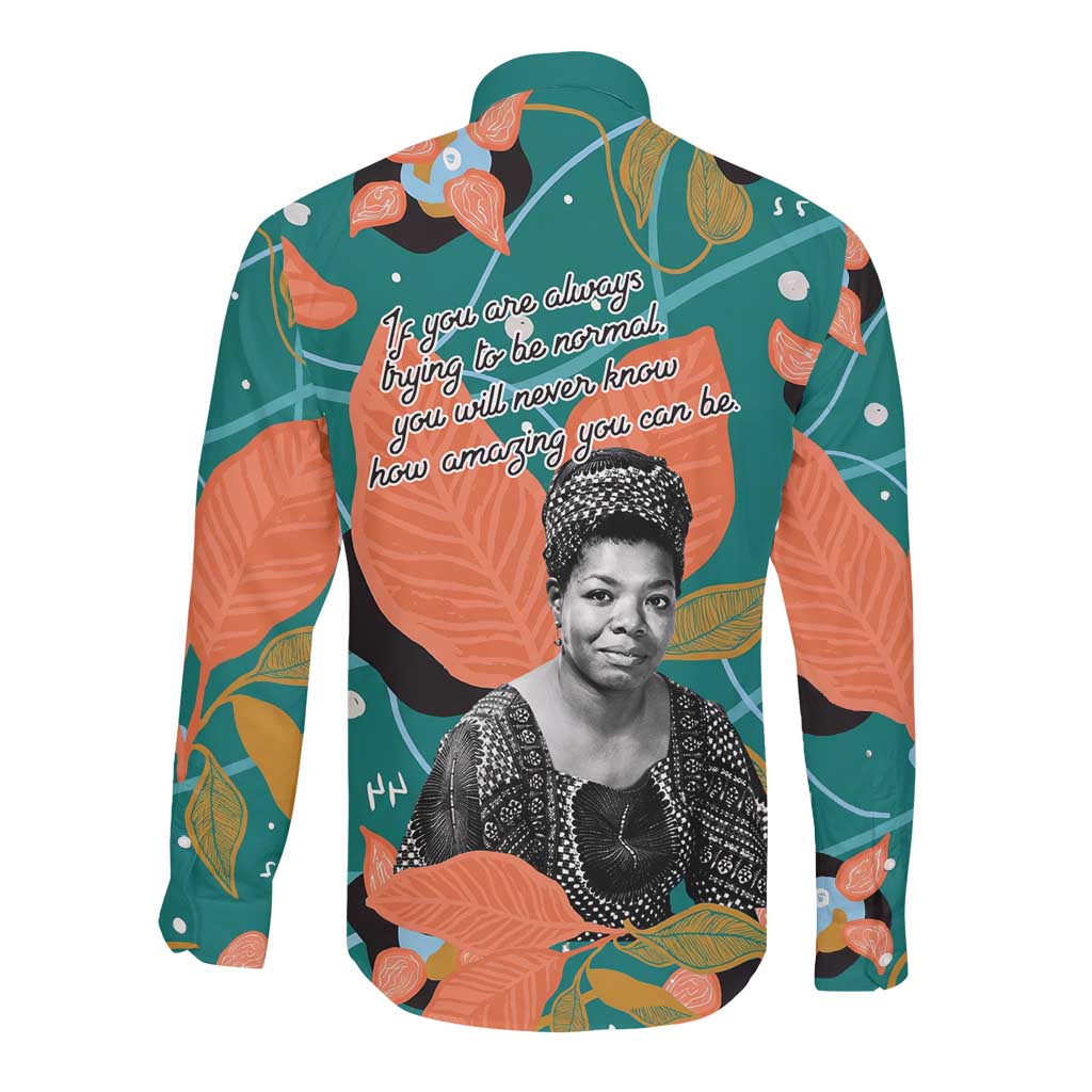 Maya Angelou Long Sleeve Button Shirt Inspirational Quote Design Vibrant Teal and Orange Leaf Motif - Wonder Print Shop