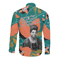 Maya Angelou Long Sleeve Button Shirt Inspirational Quote Design Vibrant Teal and Orange Leaf Motif - Wonder Print Shop