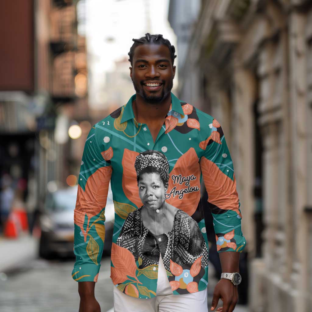 Maya Angelou Long Sleeve Button Shirt Inspirational Quote Design Vibrant Teal and Orange Leaf Motif - Wonder Print Shop