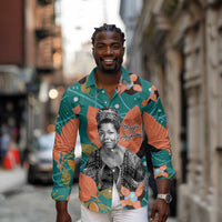 Maya Angelou Long Sleeve Button Shirt Inspirational Quote Design Vibrant Teal and Orange Leaf Motif - Wonder Print Shop