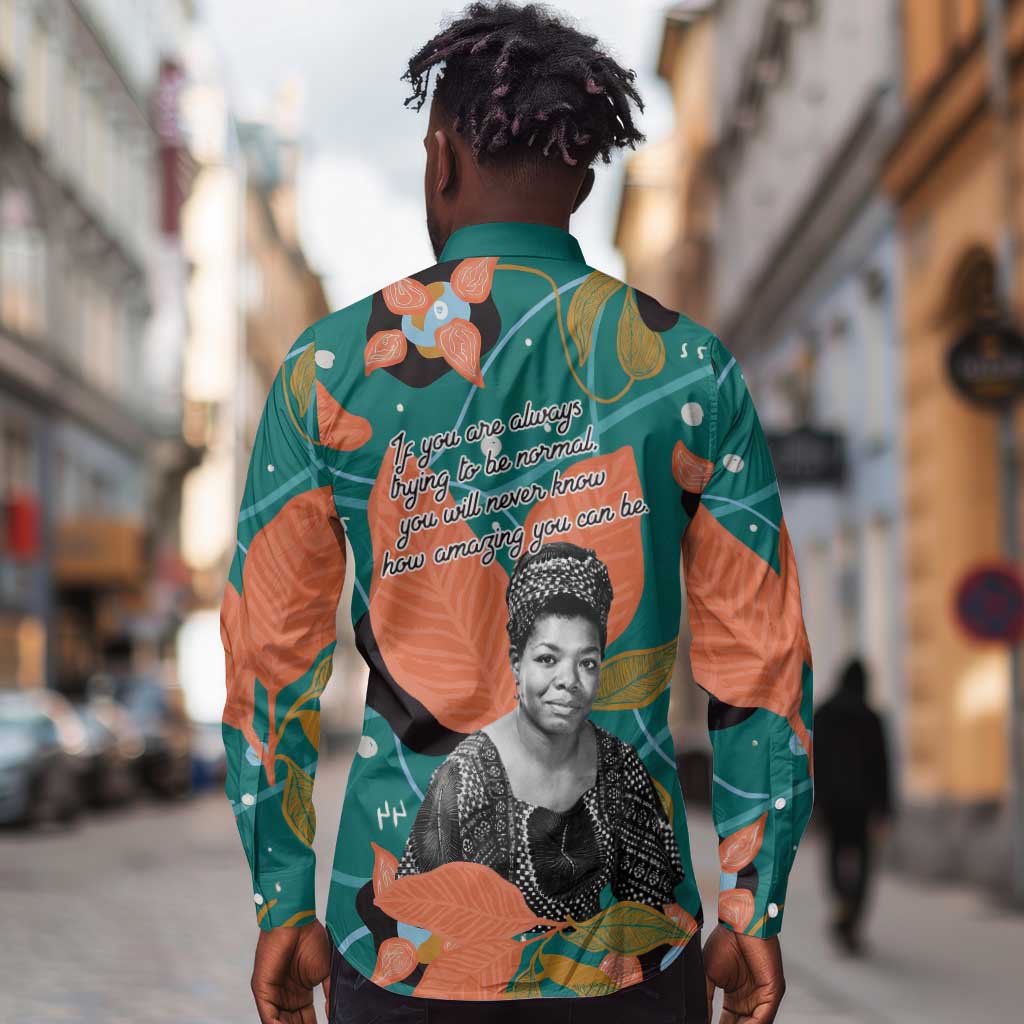 Maya Angelou Long Sleeve Button Shirt Inspirational Quote Design Vibrant Teal and Orange Leaf Motif - Wonder Print Shop
