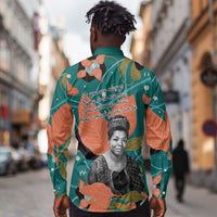 Maya Angelou Long Sleeve Button Shirt Inspirational Quote Design Vibrant Teal and Orange Leaf Motif - Wonder Print Shop