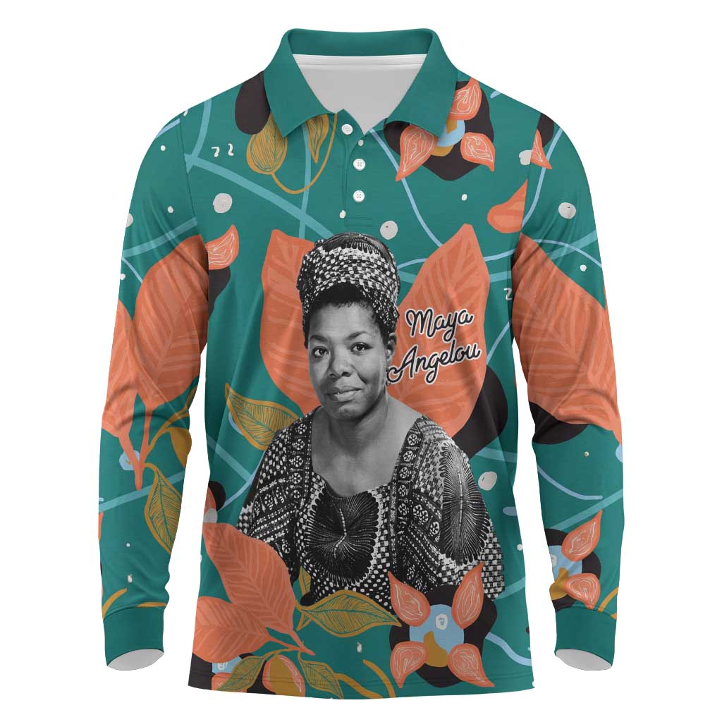 Maya Angelou Long Sleeve Polo Shirt Inspirational Quote Design Vibrant Teal and Orange Leaf Motif - Wonder Print Shop