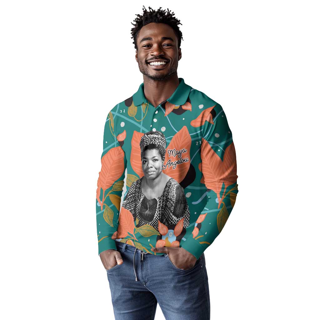 Maya Angelou Long Sleeve Polo Shirt Inspirational Quote Design Vibrant Teal and Orange Leaf Motif - Wonder Print Shop