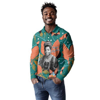 Maya Angelou Long Sleeve Polo Shirt Inspirational Quote Design Vibrant Teal and Orange Leaf Motif - Wonder Print Shop