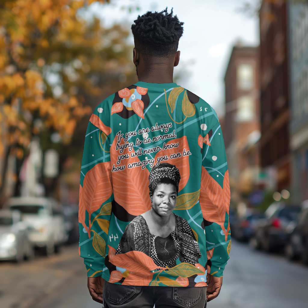 Maya Angelou Long Sleeve Shirt Inspirational Quote Design Vibrant Teal and Orange Leaf Motif - Wonder Print Shop