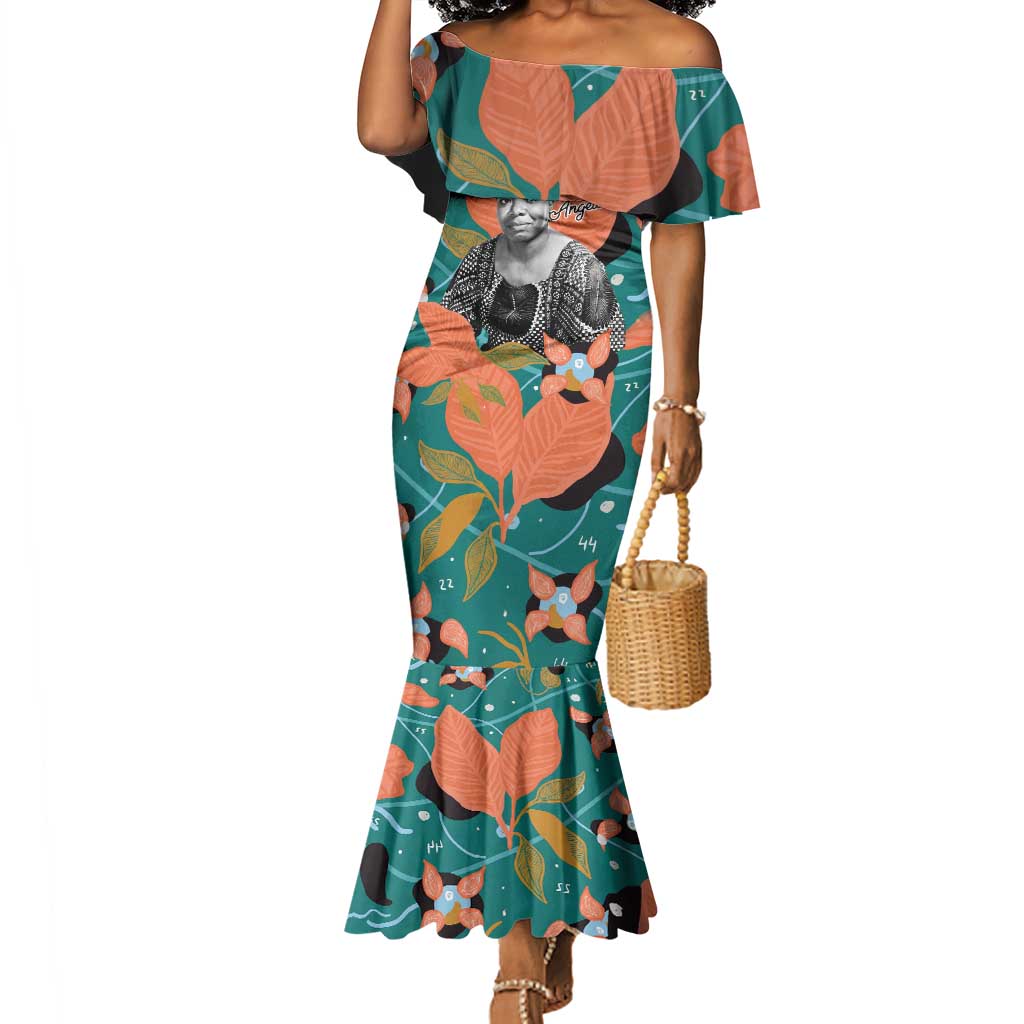 Maya Angelou Mermaid Dress Inspirational Quote Design Vibrant Teal and Orange Leaf Motif - Wonder Print Shop