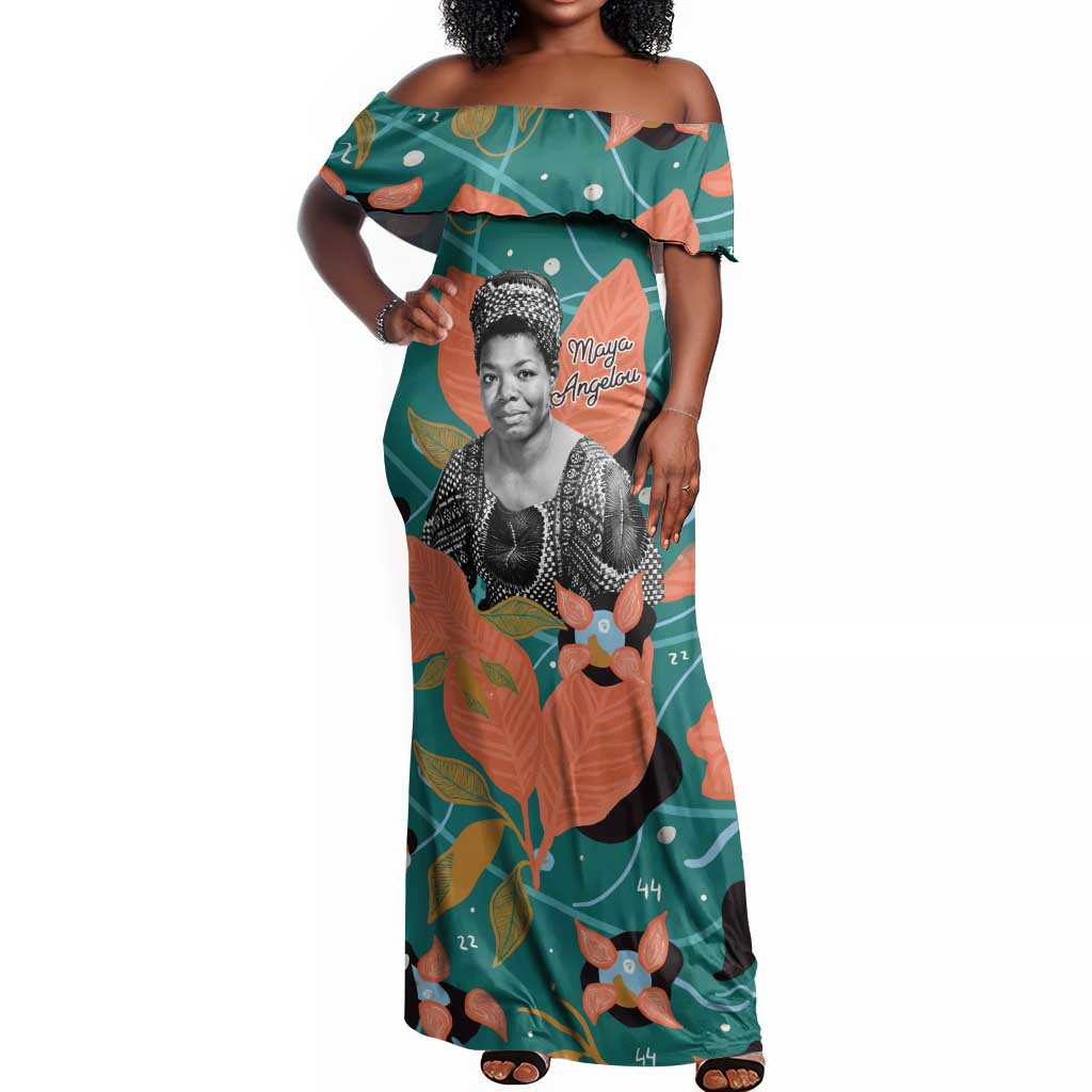 Maya Angelou Off Shoulder Maxi Dress Inspirational Quote Design Vibrant Teal and Orange Leaf Motif - Wonder Print Shop