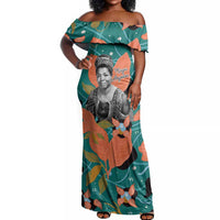Maya Angelou Off Shoulder Maxi Dress Inspirational Quote Design Vibrant Teal and Orange Leaf Motif - Wonder Print Shop