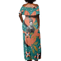 Maya Angelou Off Shoulder Maxi Dress Inspirational Quote Design Vibrant Teal and Orange Leaf Motif - Wonder Print Shop