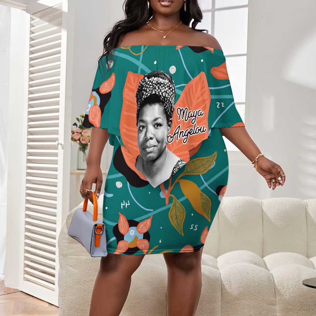Maya Angelou Off Shoulder Short Dress Inspirational Quote Design Vibrant Teal and Orange Leaf Motif - Wonder Print Shop