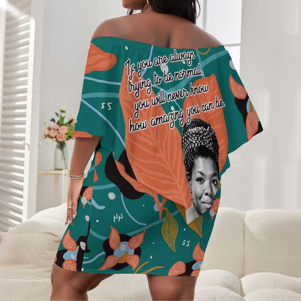 Maya Angelou Off Shoulder Short Dress Inspirational Quote Design Vibrant Teal and Orange Leaf Motif - Wonder Print Shop