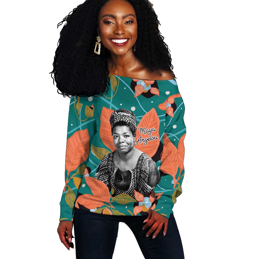 Maya Angelou Off Shoulder Sweater Inspirational Quote Design Vibrant Teal and Orange Leaf Motif - Wonder Print Shop