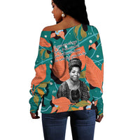 Maya Angelou Off Shoulder Sweater Inspirational Quote Design Vibrant Teal and Orange Leaf Motif - Wonder Print Shop
