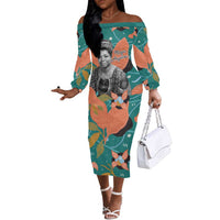 Maya Angelou Off The Shoulder Long Sleeve Dress Inspirational Quote Design Vibrant Teal and Orange Leaf Motif - Wonder Print Shop