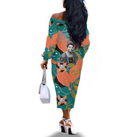 Maya Angelou Off The Shoulder Long Sleeve Dress Inspirational Quote Design Vibrant Teal and Orange Leaf Motif - Wonder Print Shop