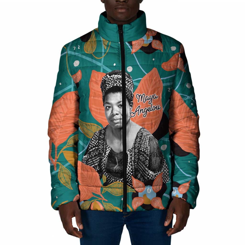 Maya Angelou Padded Jacket Inspirational Quote Design Vibrant Teal and Orange Leaf Motif - Wonder Print Shop