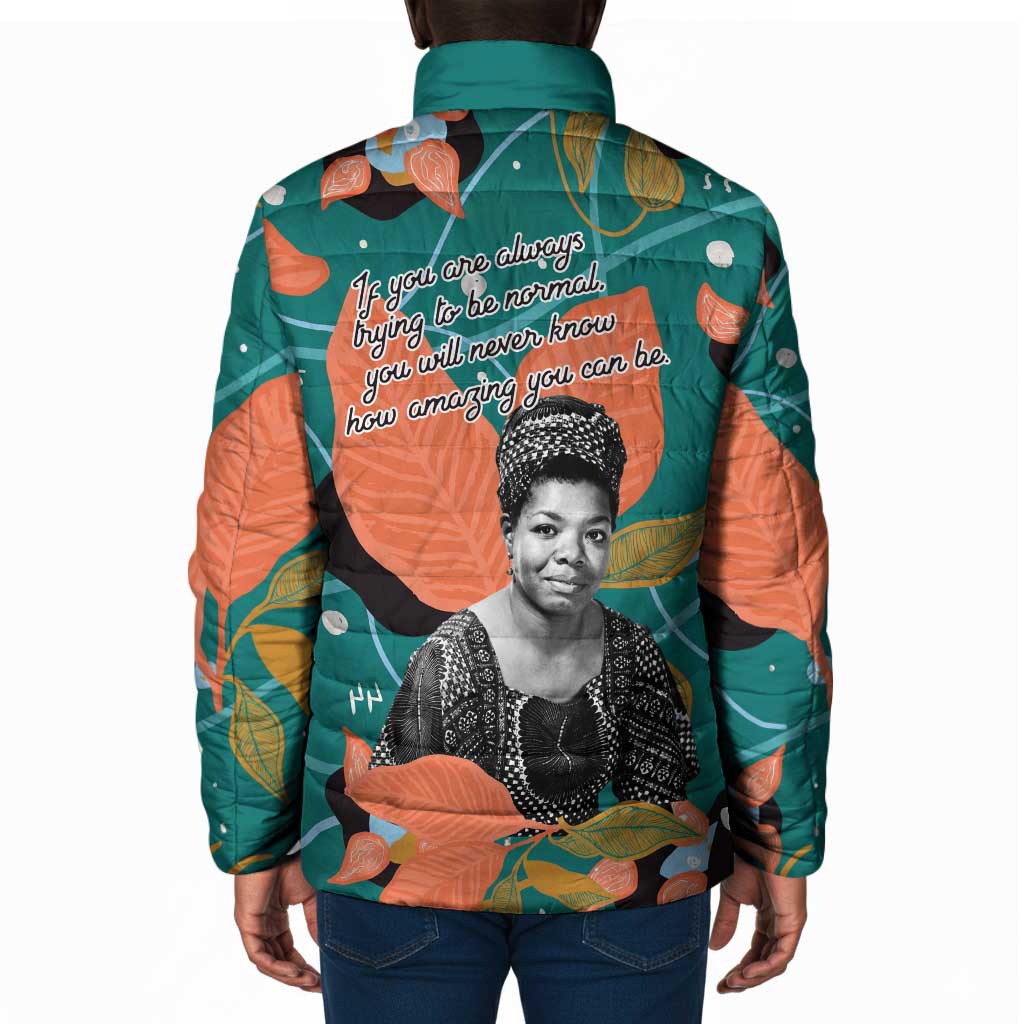 Maya Angelou Padded Jacket Inspirational Quote Design Vibrant Teal and Orange Leaf Motif - Wonder Print Shop