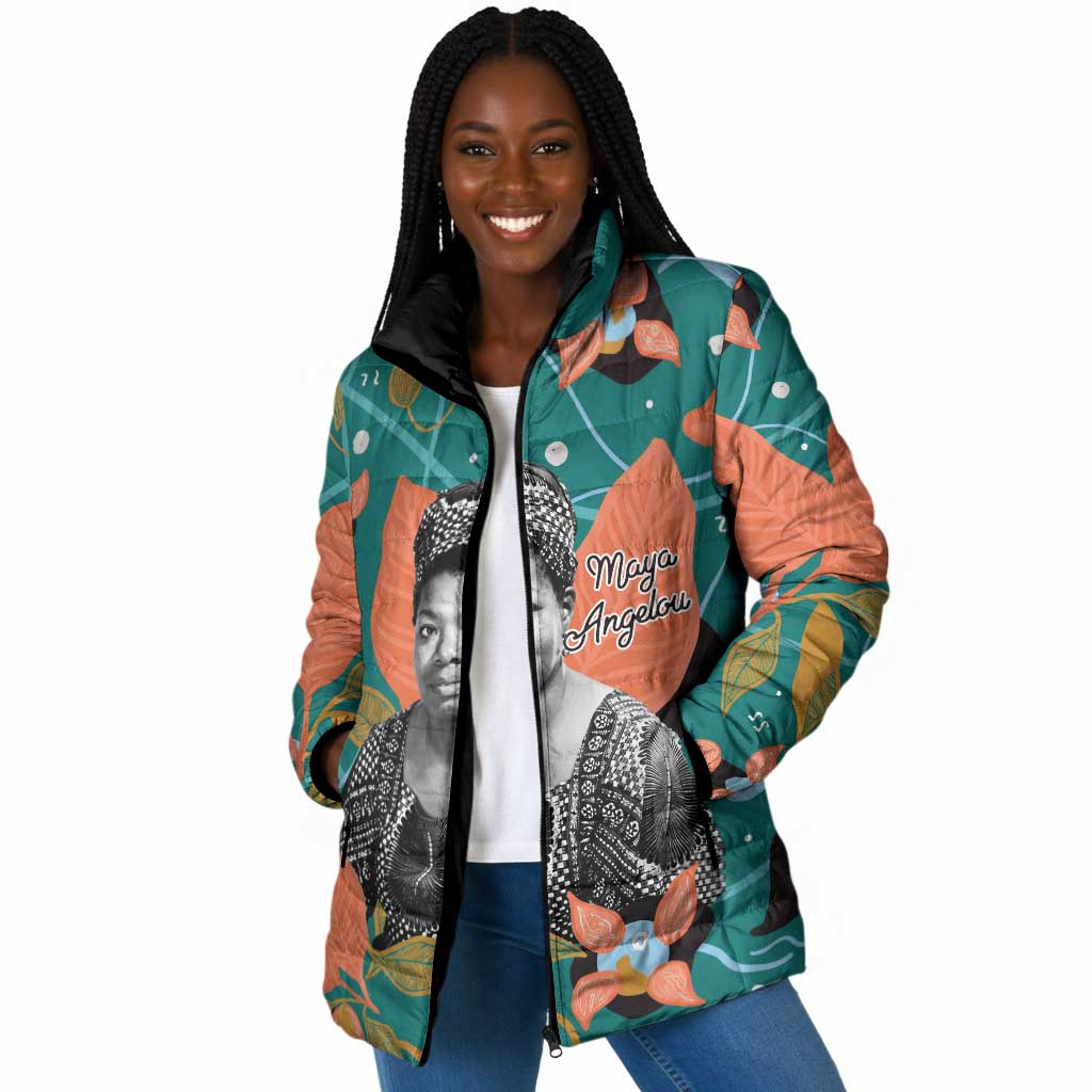 Maya Angelou Padded Jacket Inspirational Quote Design Vibrant Teal and Orange Leaf Motif - Wonder Print Shop