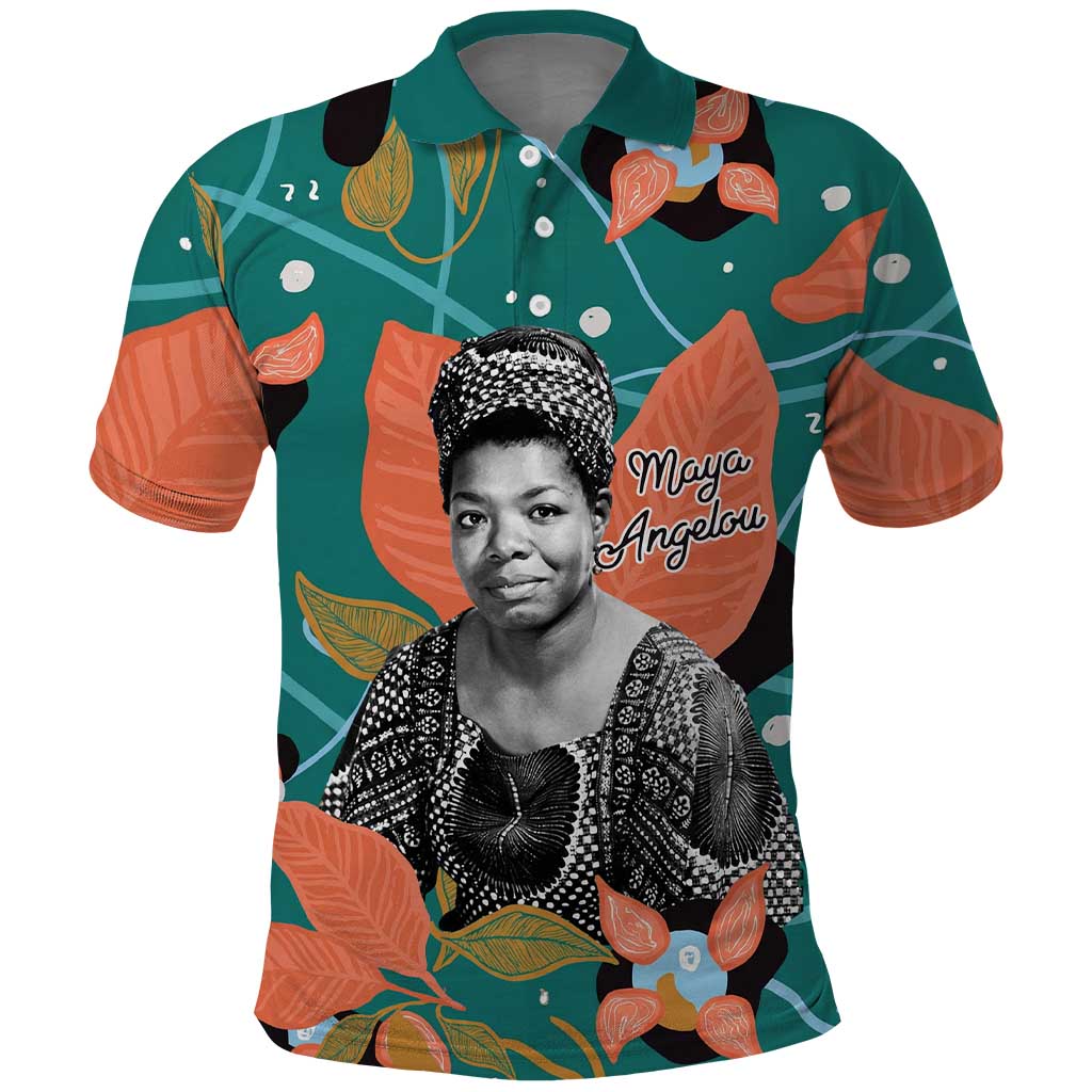 Maya Angelou Polo Shirt Inspirational Quote Design Vibrant Teal and Orange Leaf Motif - Wonder Print Shop