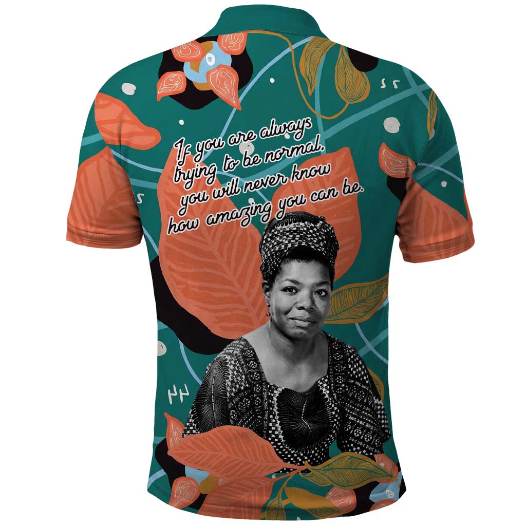 Maya Angelou Polo Shirt Inspirational Quote Design Vibrant Teal and Orange Leaf Motif - Wonder Print Shop