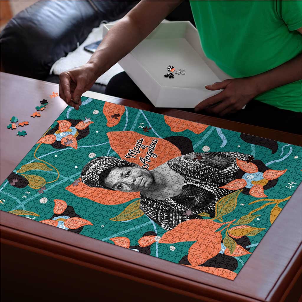 Maya Angelou Puzzle Inspirational Quote Design Vibrant Teal and Orange Leaf Motif - Wonder Print Shop