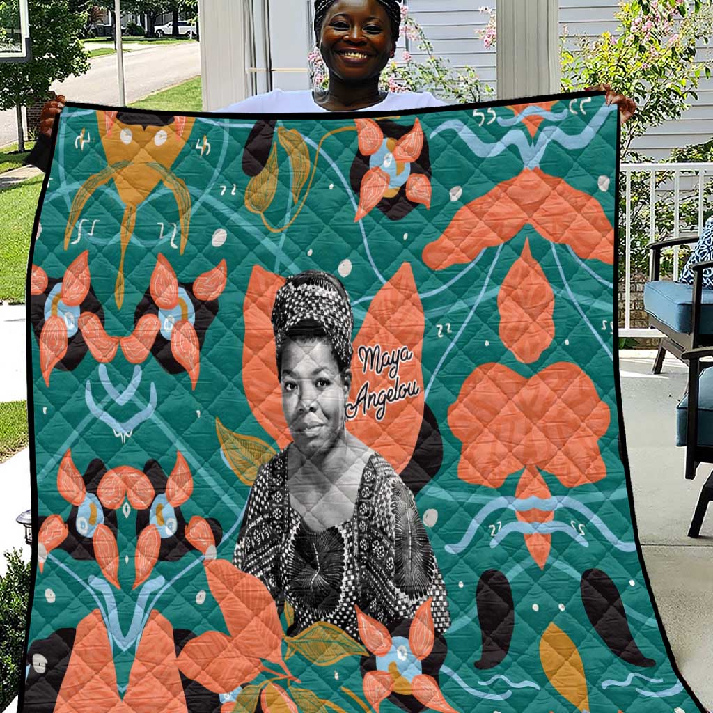 Maya Angelou Quilt Inspirational Quote Design Vibrant Teal and Orange Leaf Motif - Wonder Print Shop