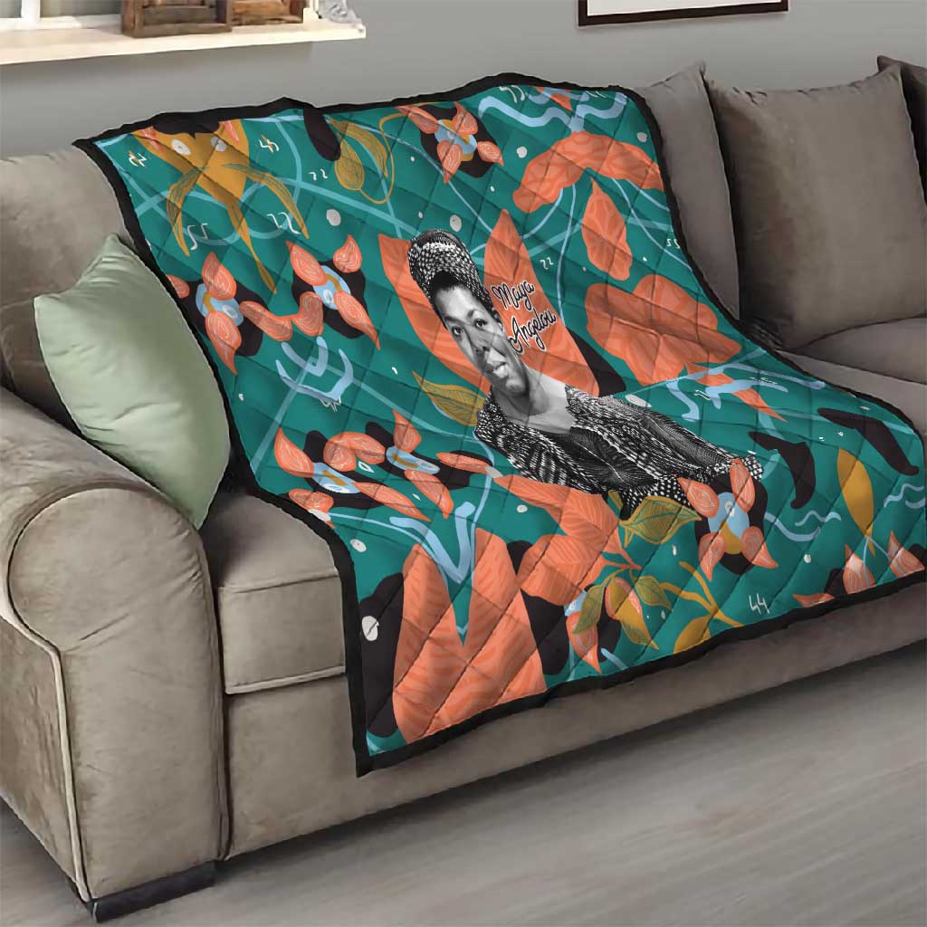 Maya Angelou Quilt Inspirational Quote Design Vibrant Teal and Orange Leaf Motif - Wonder Print Shop