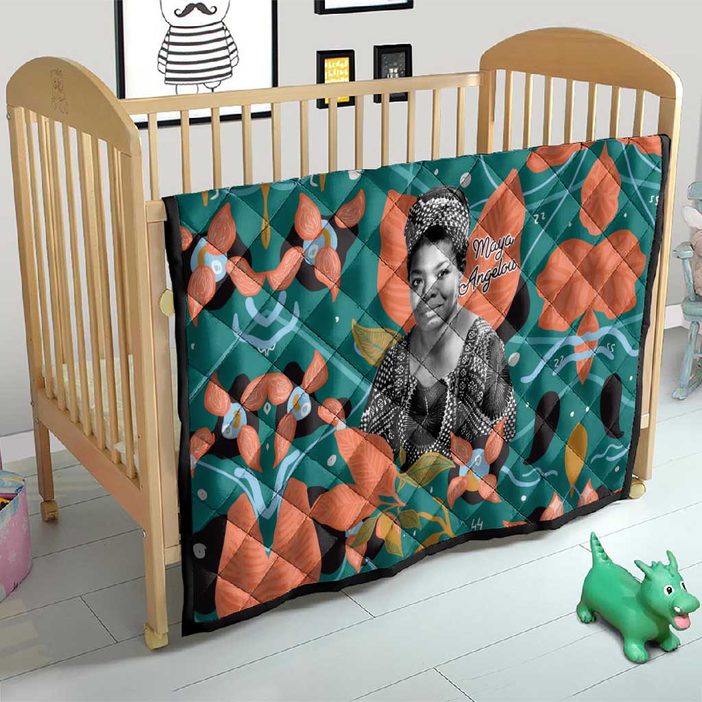 Maya Angelou Quilt Inspirational Quote Design Vibrant Teal and Orange Leaf Motif - Wonder Print Shop